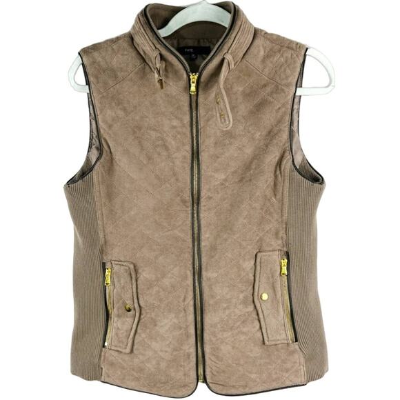 Quilted Vest Taupe Faux Suede Puffer Gold Hardware Ribbed Side Panels Size M - Picture 8 of 9